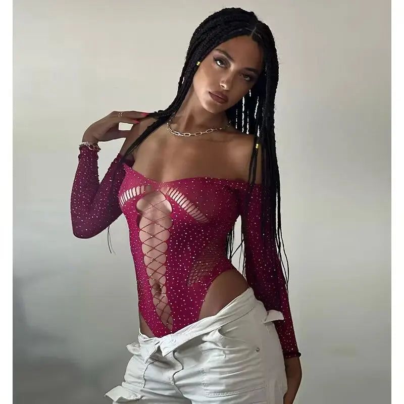 Women's Clothing Trend 2024 Sexy Mesh See Through Long Sleeve Top T-Shirt Summer Female Slim Inner Sex Rhinestone Open Bodysuit