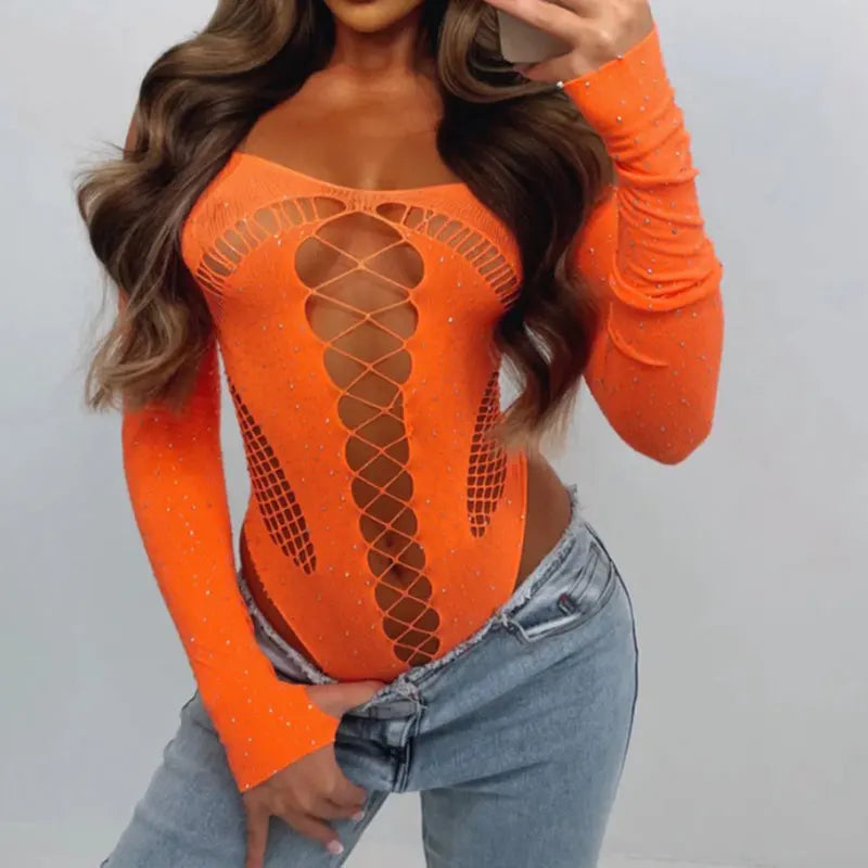Women's Clothing Trend 2024 Sexy Mesh See Through Long Sleeve Top T-Shirt Summer Female Slim Inner Sex Rhinestone Open Bodysuit