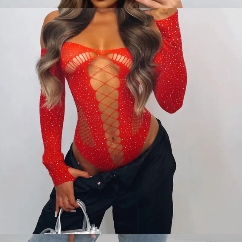 Women's Clothing Trend 2024 Sexy Mesh See Through Long Sleeve Top T-Shirt Summer Female Slim Inner Sex Rhinestone Open Bodysuit