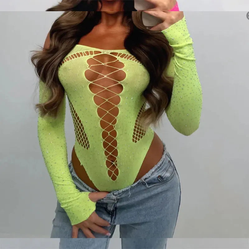 Women's Clothing Trend 2024 Sexy Mesh See Through Long Sleeve Top T-Shirt Summer Female Slim Inner Sex Rhinestone Open Bodysuit
